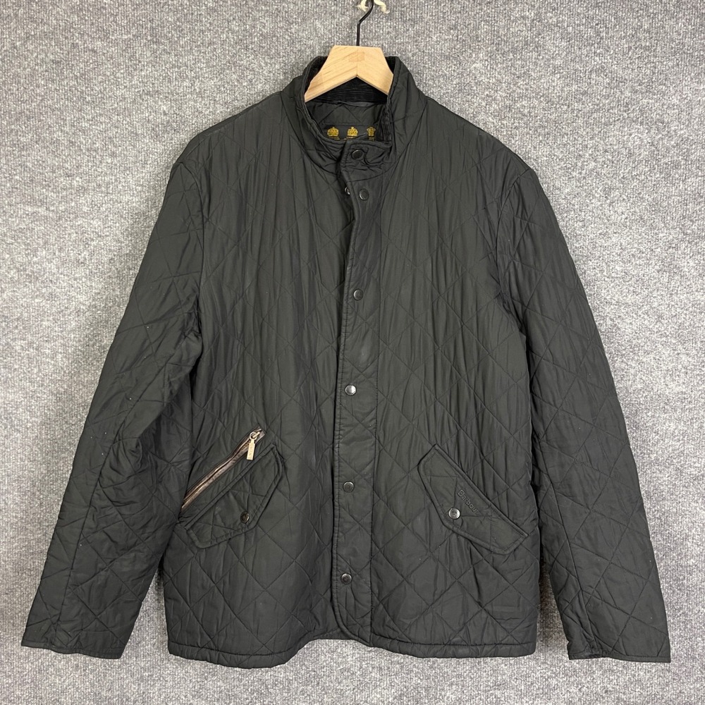 Barbour Quilted Jacket Mens Large Black Diamond Quilt Snap Zip Coat